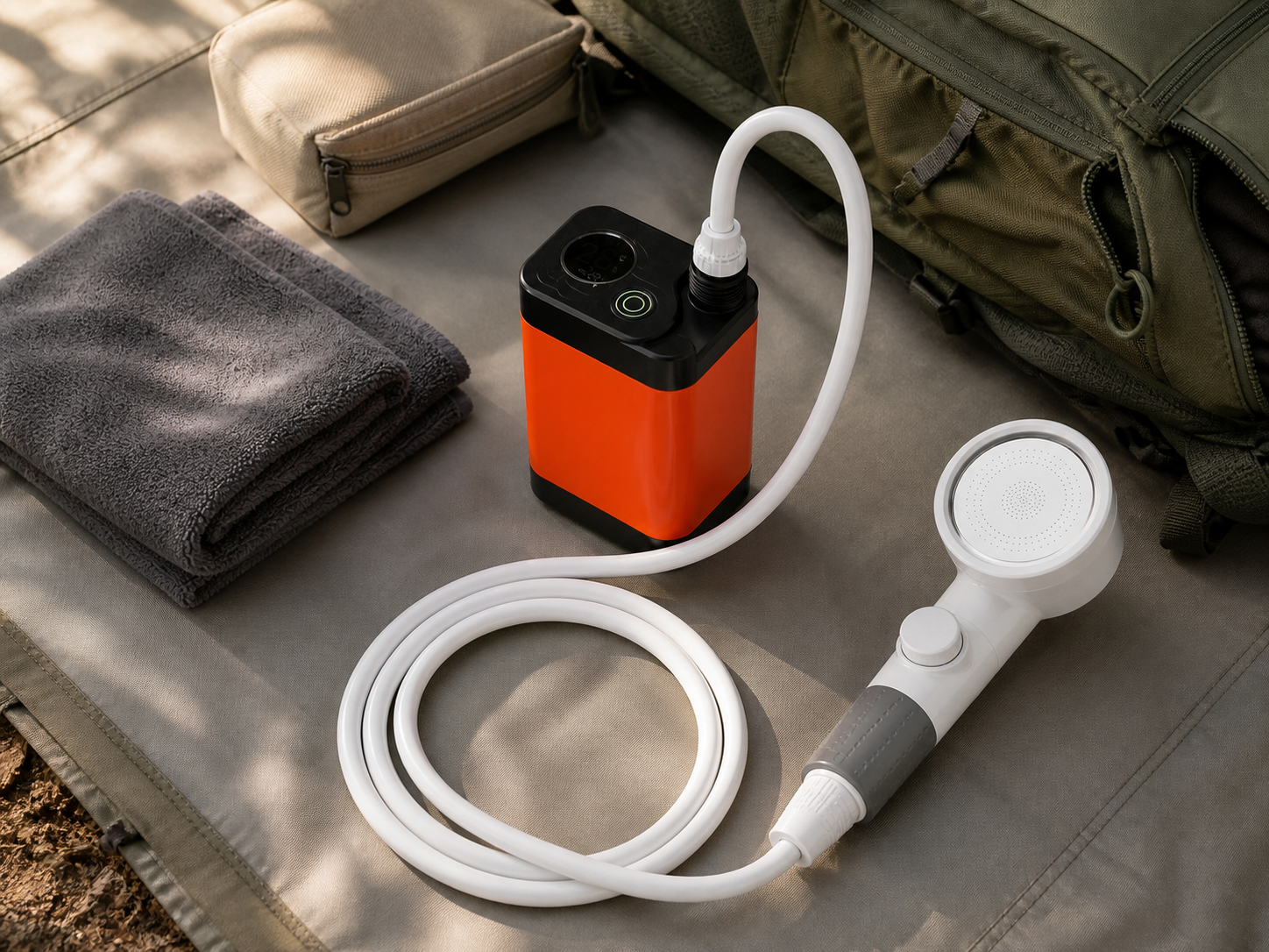 TrailFlow portable shower kit packed with towel and camping backpack