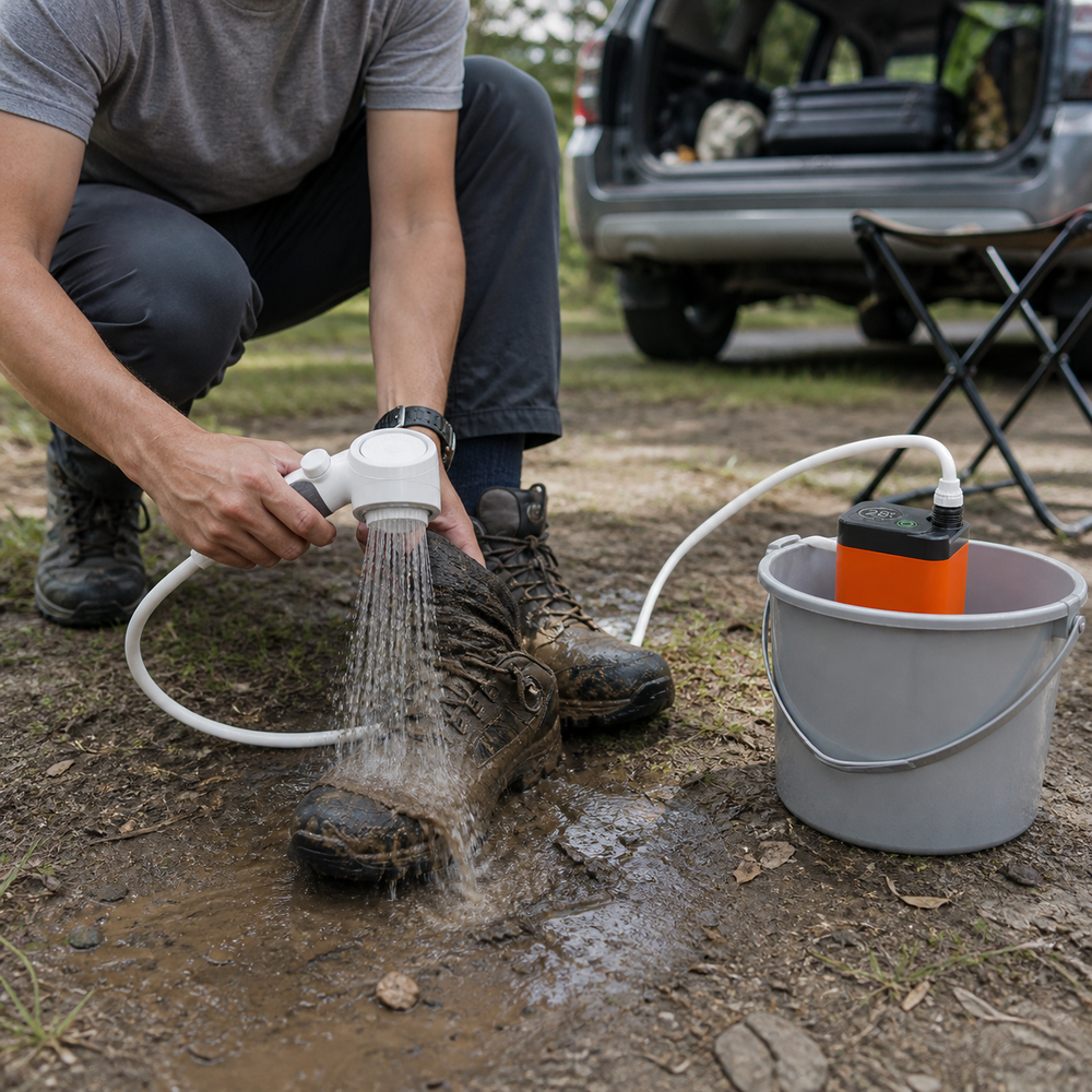 Portable shower rinsing muddy hiking boots
