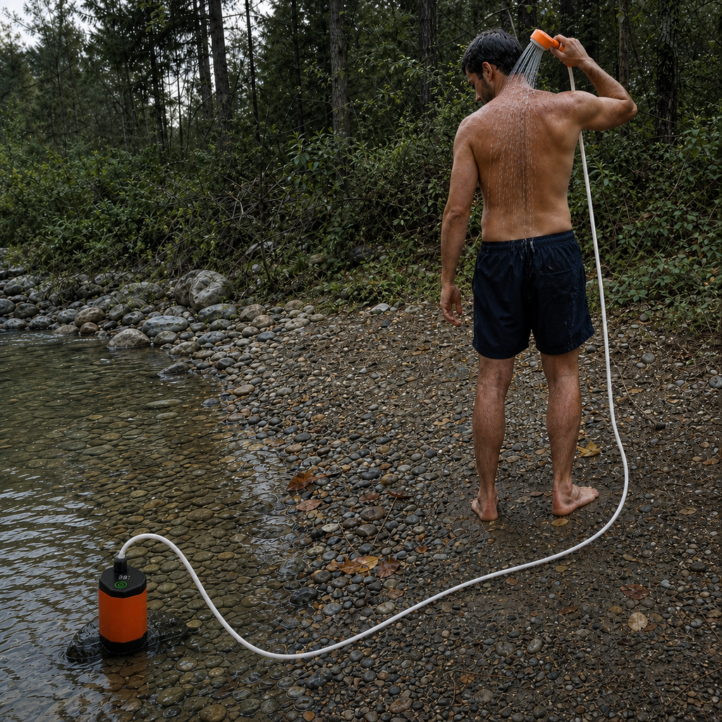 RoveNest TrailFlow portable shower used on a creek bank