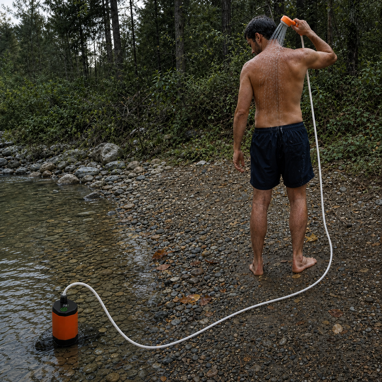RoveNest TrailFlow portable shower used on a creek bank