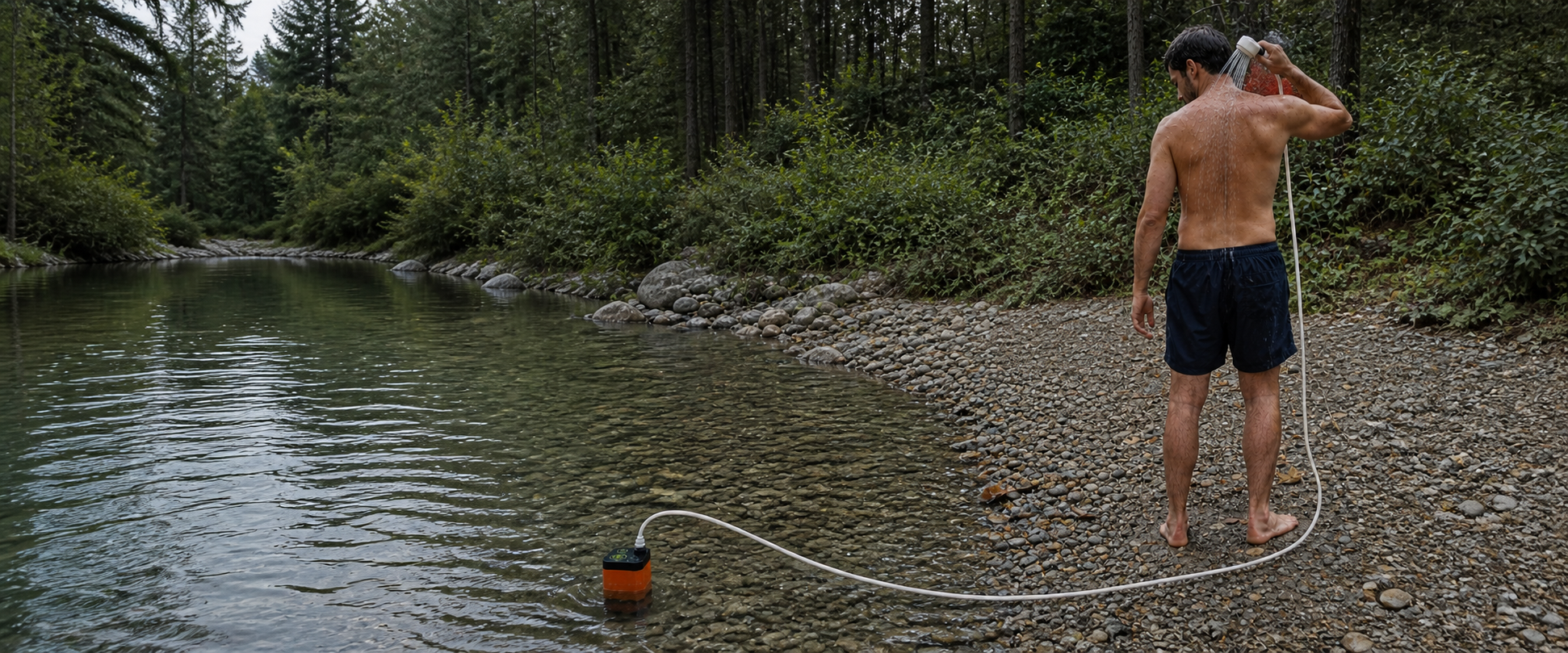 TrailFlow portable shower drawing water directly from a forest creek while a camper showers on shore