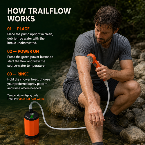 How to use the RoveNest TrailFlow portable shower in three simple steps