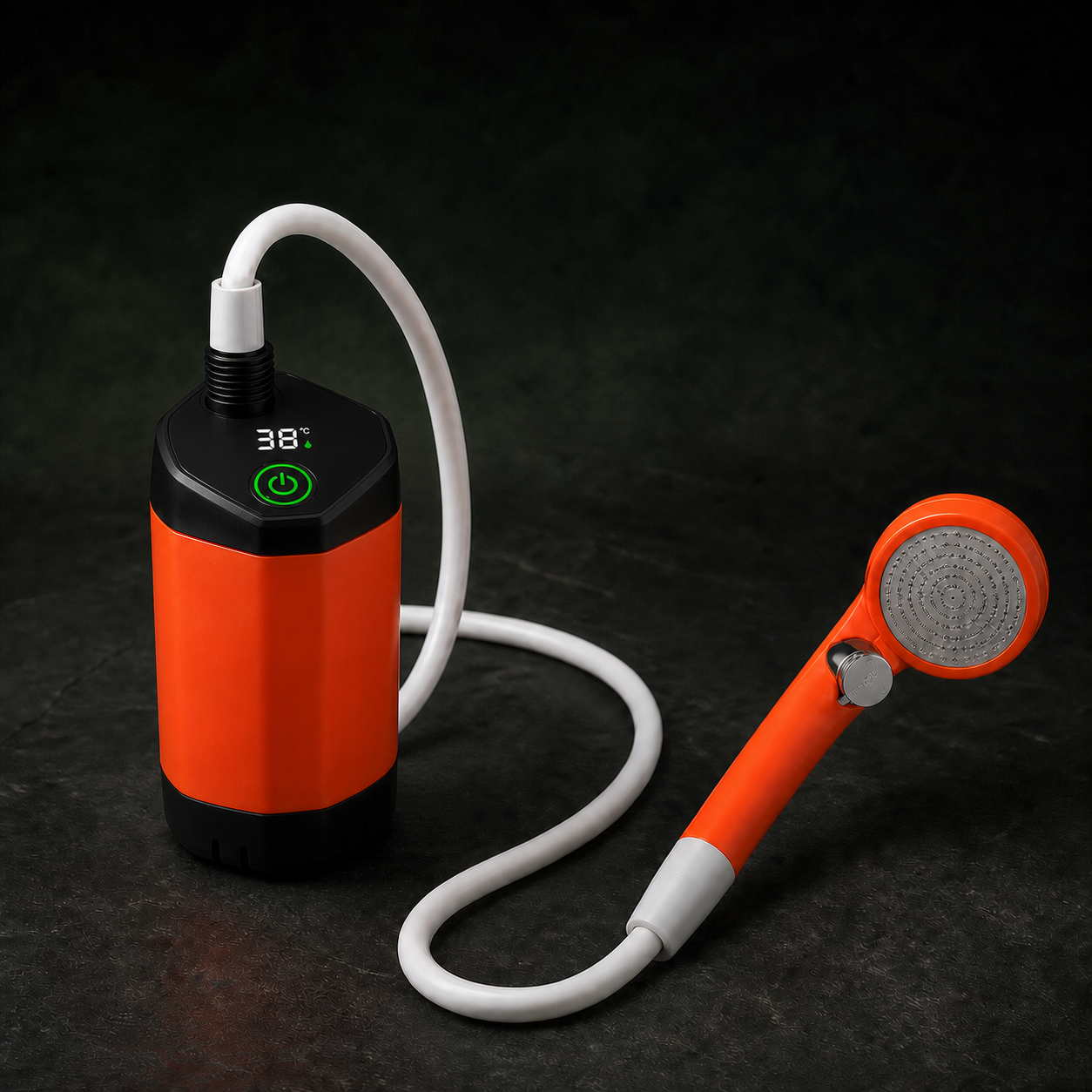 RoveNest TrailFlow portable shower with orange pump, white hose and orange shower head
