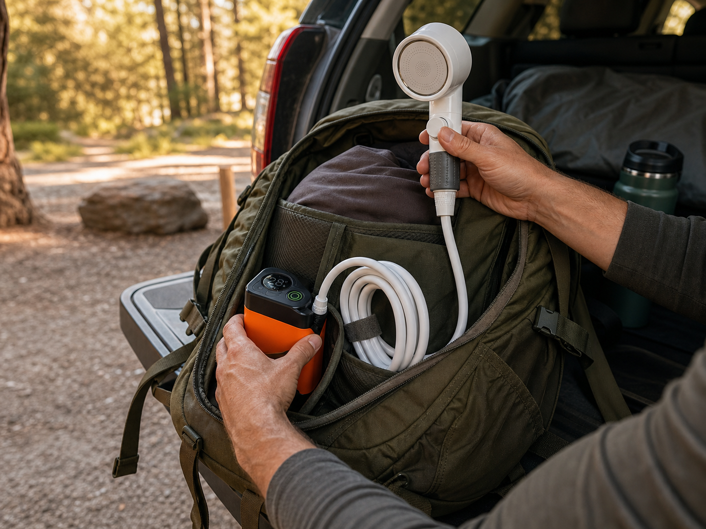 Camper packing the TrailFlow portable shower into a hiking backpack at an SUV tailgate