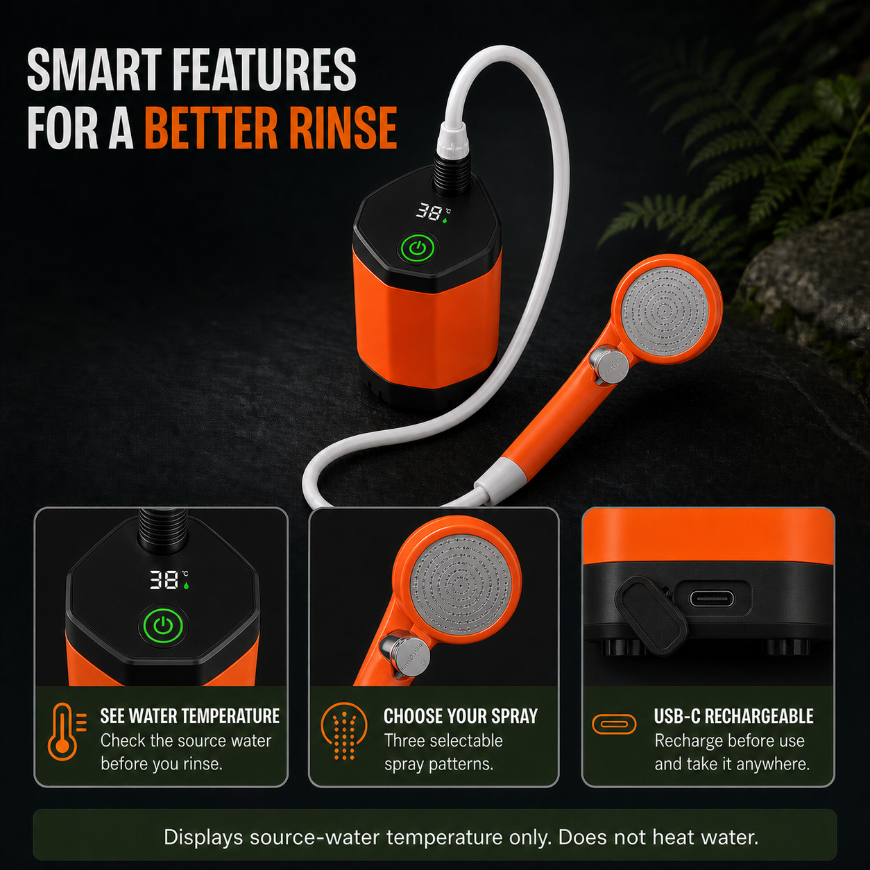 TrailFlow water temperature display, spray control and USB-C charging features