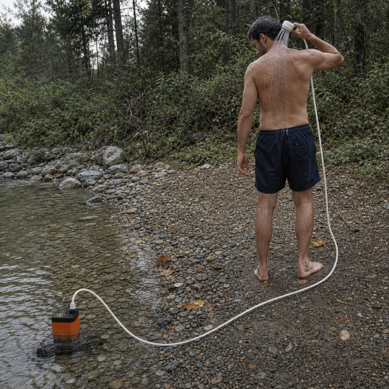 TrailFlow portable shower used beside a stream