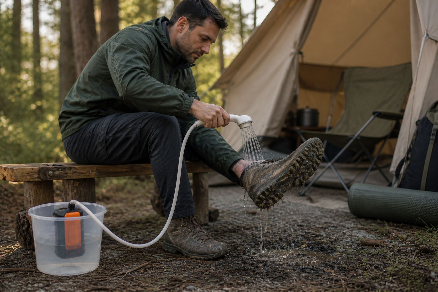 Hiker rinsing a muddy boot beside a forest campsite tent