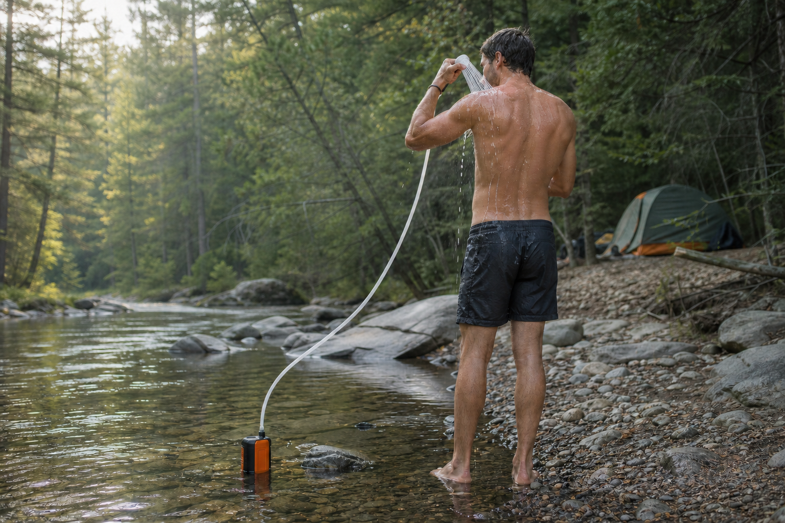 Camper using a white TrailFlow shower beside a forest creek