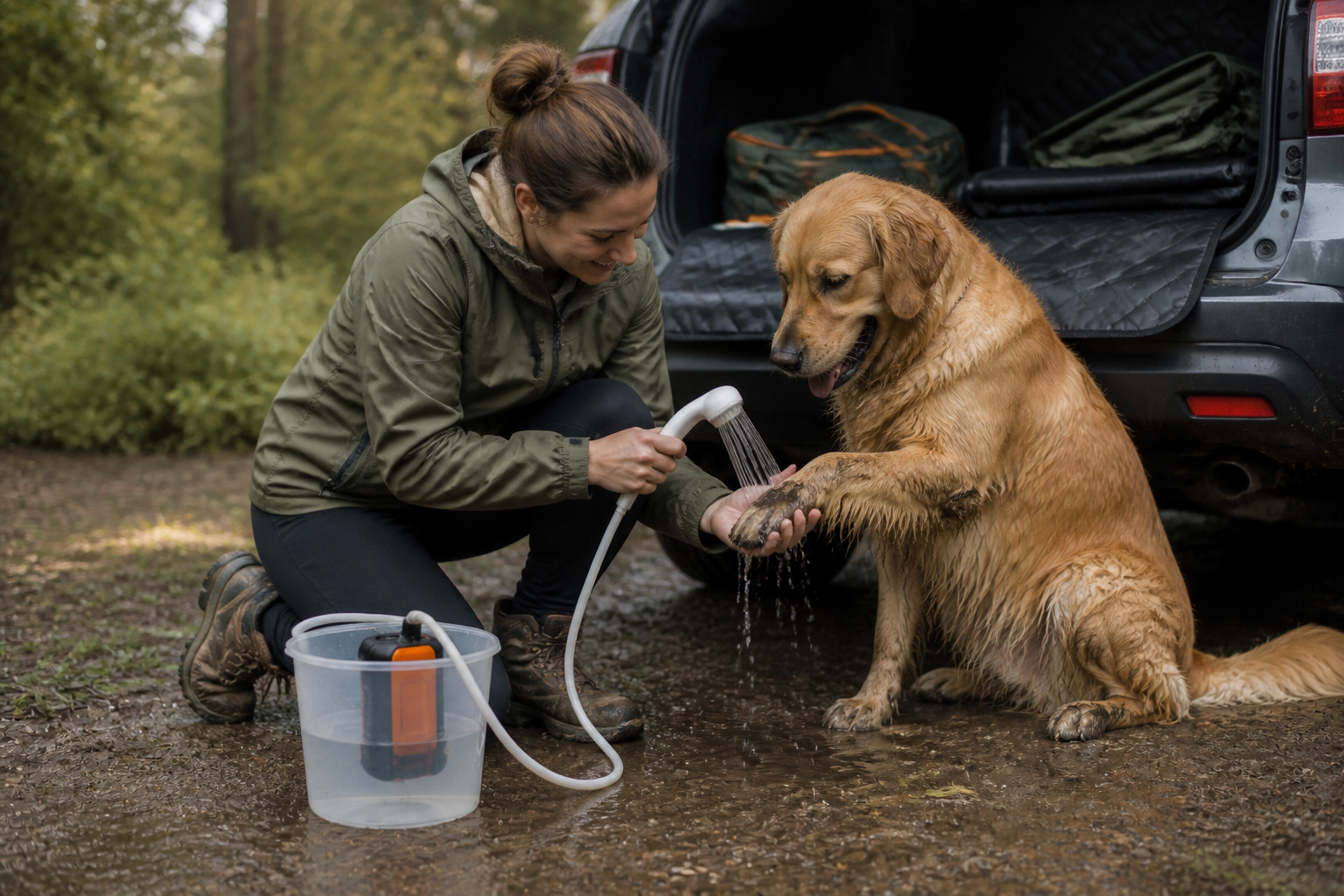 Camper rinsing a golden retriever's muddy paw beside an SUV